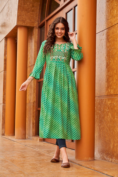 Green handwork pleated kurti