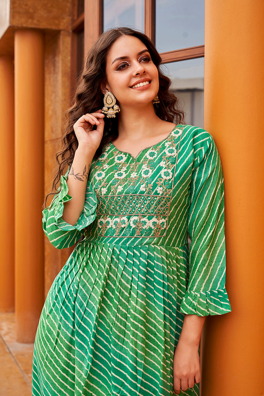 Green handwork pleated kurti