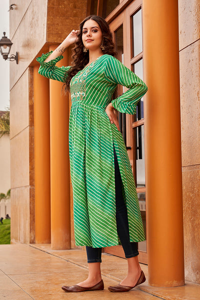 Green handwork pleated kurti