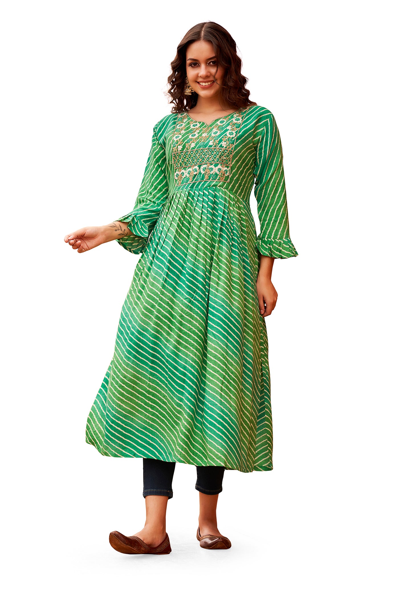 Green handwork pleated kurti